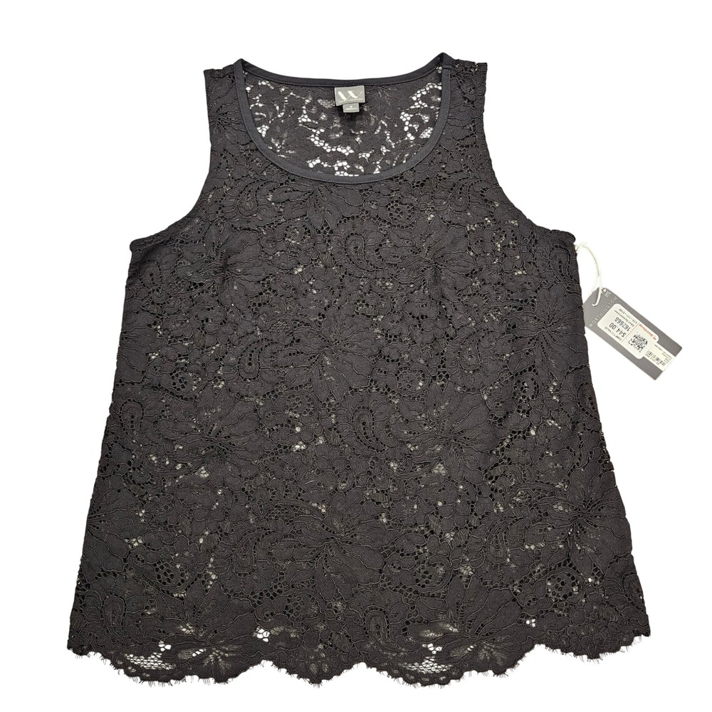 Worthington Black Floral‎ Lace Sleeveless Tank Top Scalloped Eyelash Hem NWT M